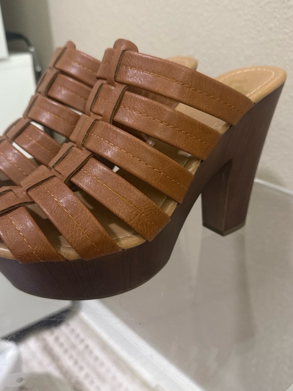 Women’s Tan Strappy Platform Mule Heels